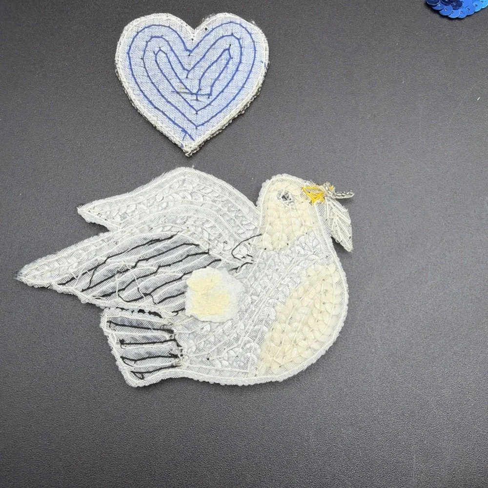 VTG Parrot, Peace Dove, And Heart Beads & Sequins Sew-On Appliqué Patches *READ